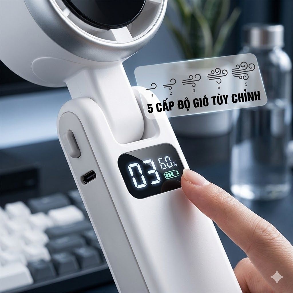 Quạt Cầm Tay Tích Điện Gió Mạnh Turbo Công Suất 5Cấp Độ Gió Kèm Dây Đeo Cổ Màn hình LED hiển thị pin