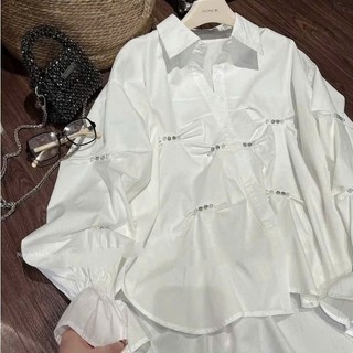 Áo Sơ Mi Nữ Trắng Chiết Eo Đính Đá Sang Trọng Tôn Dáng Hot Trend