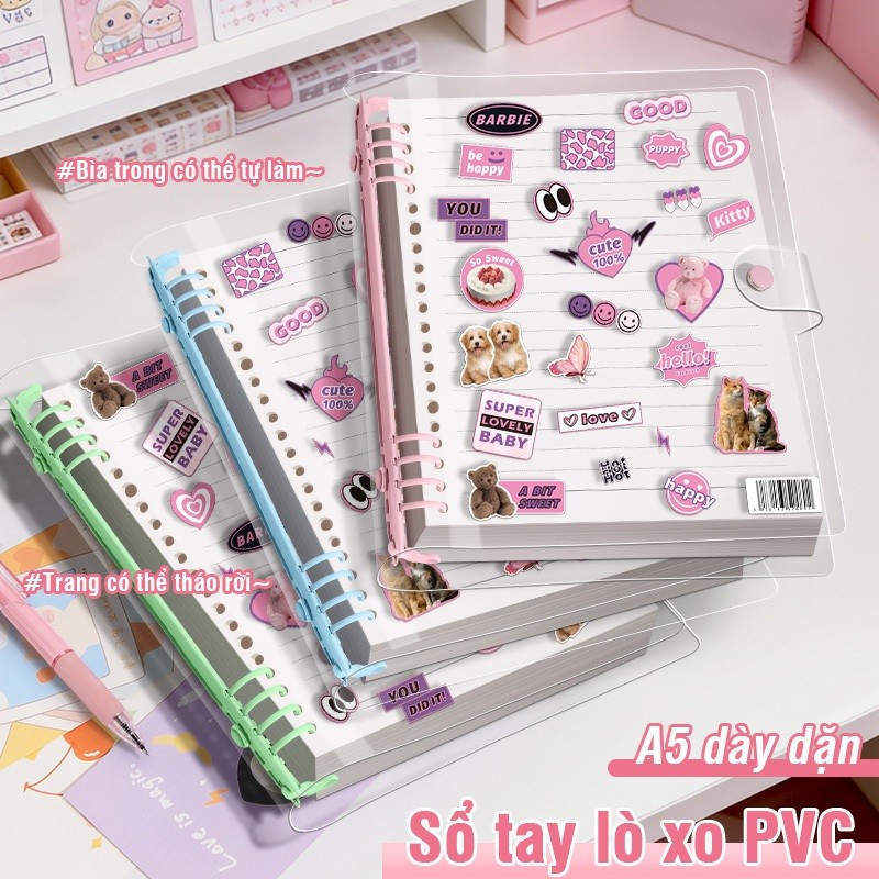 Sổ còng A5 bìa trong suốt PVC, vở kẻ ngang thay giấy linh hoạt tặng sticker decor tiện lợi