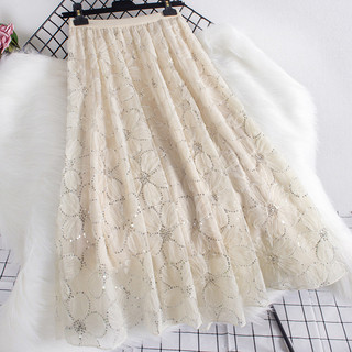Váy lưới hoa đính sequin, váy xòe chữ A dáng dài mới cho mùa xuân/hè/thu/đông, váy dài vừa phải