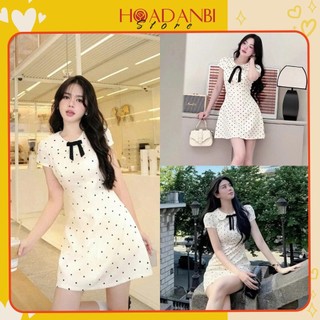 Váy Chấm Bi Tiểu Thư Siêu Xinh Có Ảnh Thật, Váy Cổ Sen Buộc Nơ Dáng Xòe