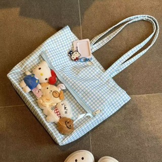 Túi Tote nữ nylon trong suốt màu xanh tối giản của Nhật Bản