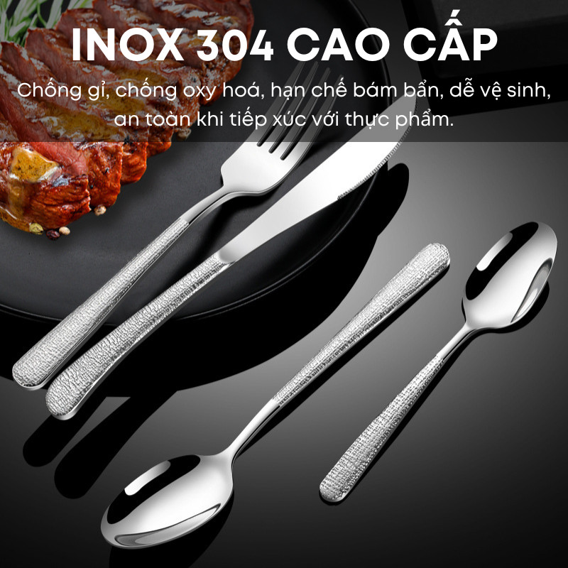 Bộ Dao Thìa Nĩa Inox 304 KOOBEE – Tay Cầm Vân Tuyết, Sáng Bóng Cao Cấp, Nguyên Khối, Đa Dạng Kích Thước | 345