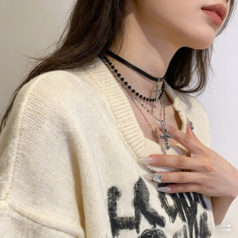Vòng cổ punk tối giản vintage, thiết kế cổ chữ thập đính hạt