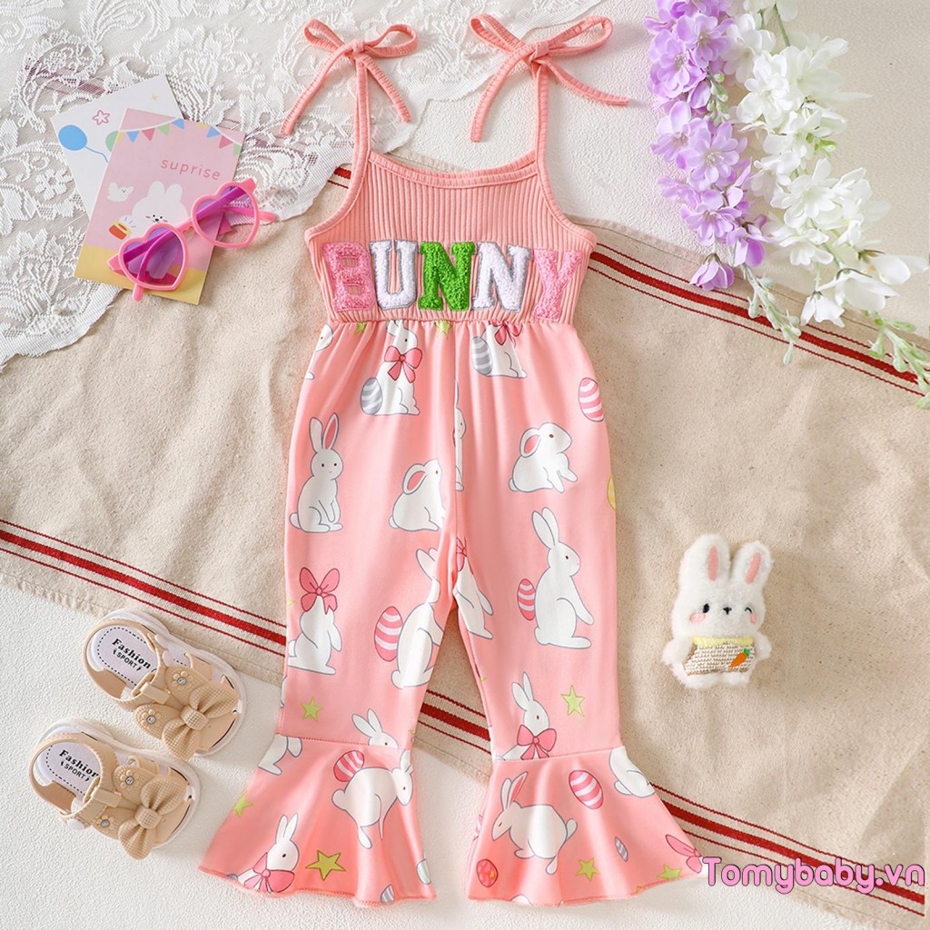 Trẻ Em Bé Gái Phục Sinh Cami Áo liền quần Không Tay Cà Rốt Thỏ Thêu loe Romper