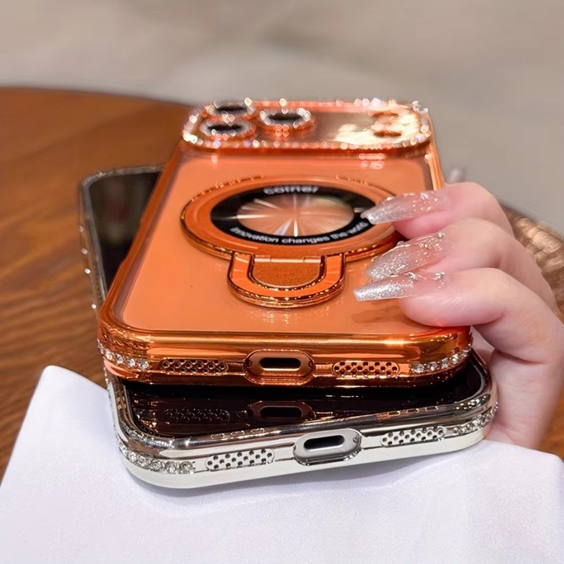 Ốp Điện Thoại Kim Cương Giả Sang Trọng Cho iPhone 17 Pro Max 16 Plus 15 14 13 12 11 Không Khí Có Giá Đỡ Từ Tính Nhẫn Trong Suốt Ốp Lưng