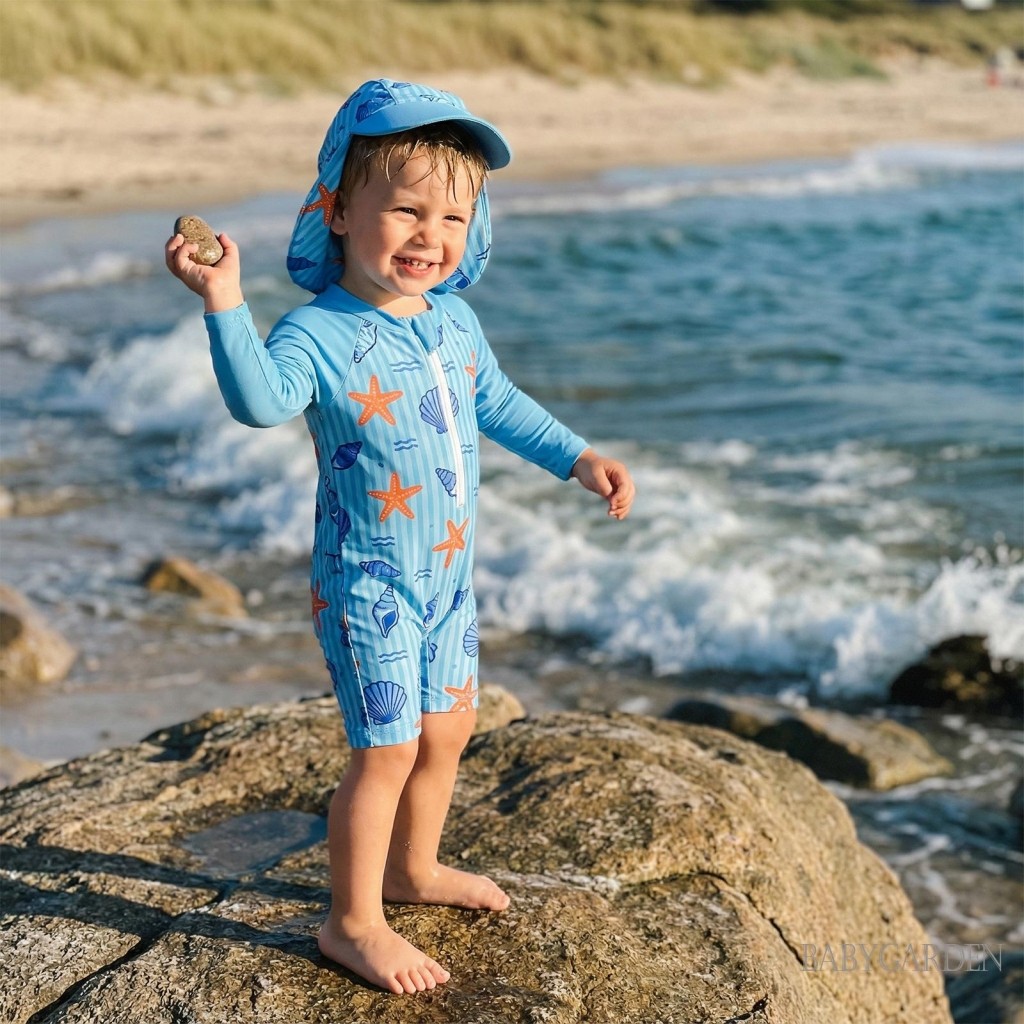 Trẻ mới biết đi Đồ bơi bé trai cổ tròn dài tay in hình tôm hùm trên dây kéo Rash Guard Đồ bơi và mũ chống nắng
