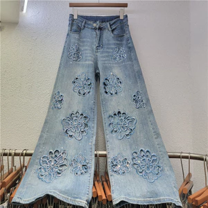 Quần Jean Thẳng Nữ Hè 2026, Denim Thêu Nóng & Kim Cương Giả, Thiết Kế Mới, Co Dãn Tốt