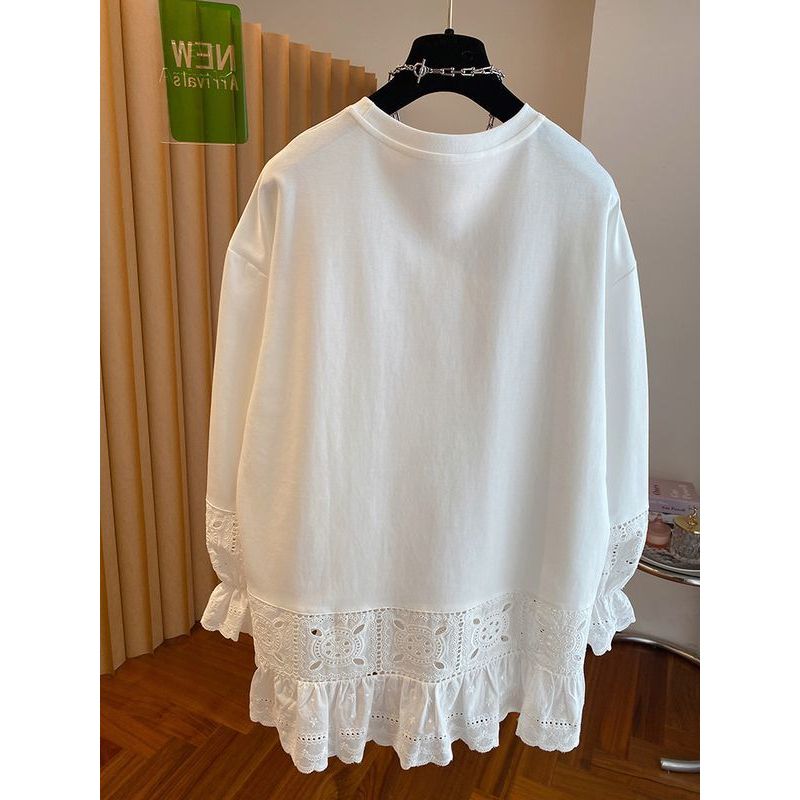 <![Little Cute Wear] Áo sơ mi ren móc màu trắng size lớn, phong cách mới với cổ tròn và đáy áo
