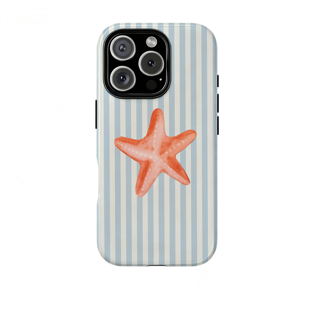 Họa tiết sao biển sọc xanh nhạt Thích hợp cho iPhone 17 Pro max Plus Air / 16 / 15 / 14 / 13 / 12 / 11 / XS / XSmax / 7 / 8 plus Vỏ cứng hai lớp chống sốc Vỏ bao gồm tất cả