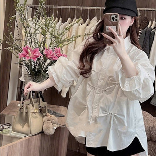 Áo Sơ Mi Chiết Eo Đính Đá ,Double - Six. Áo Trắng Nữ Phong Cách Tiểu Thư.