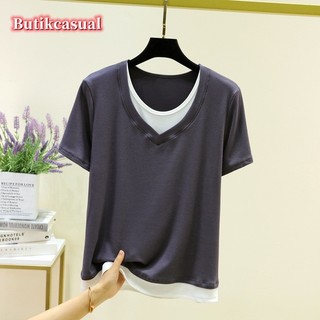 Áo thun cotton nữ mùa hè giả hai mảnh áo thun tay ngắn mới ren mỏng đáy áo sơ mi đa năng mỏng hàng đầu