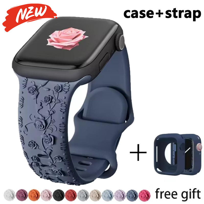 Dây đeo silicon khắc hoa + Vỏ cho Apple Watch Series11 / 10 46mm 42mm Ultra3 / 2 / 1 49mm 9 8 7 6 5 4 3 SE 45mm 44mm 41mm 40mm 38mm