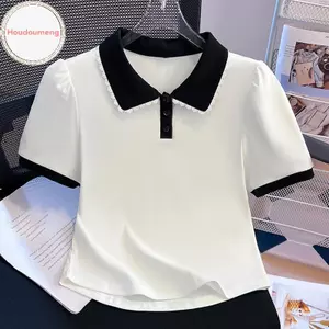 Áo thun nữ Hàn Quốc màu sắc tương phản với ren viền cổ, thiết kế ngắn tay đa năng