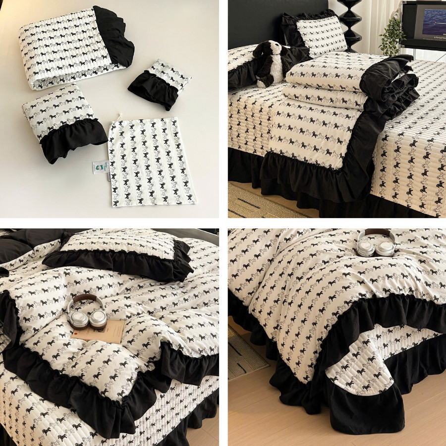 (SCB81) Set vỏ chăn ga chần 4 món chất liệu đũi Memminbedding Luxury viền bèo siêu xinh, siêu mềm