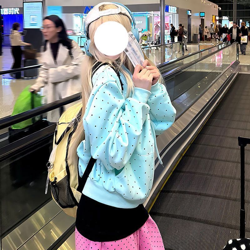 [Khuyến mãi trong thời gian có hạn] [Cotton trọng lượng cao] Mùa xuân thu Retro Mỹ ngọt ngào Cool Polka Dot In Áo khoác có mũ trùm đầu có dây kéo rộng