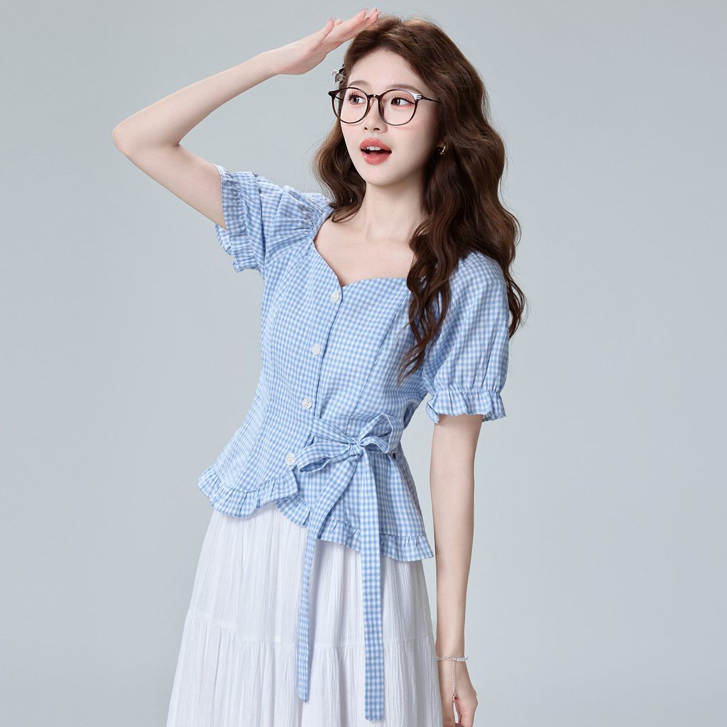 🔥 bm phong cách 🔥 có hàng sẵn mi tay ngắn nữ Hàn quốc retro 2026 eo Ngày phụ nữ Áo sơ mi cổ vuông kẻ sọc màu xanh, size lớn cho cô gái mũm mĩm, phù hợp mặc mùa hè