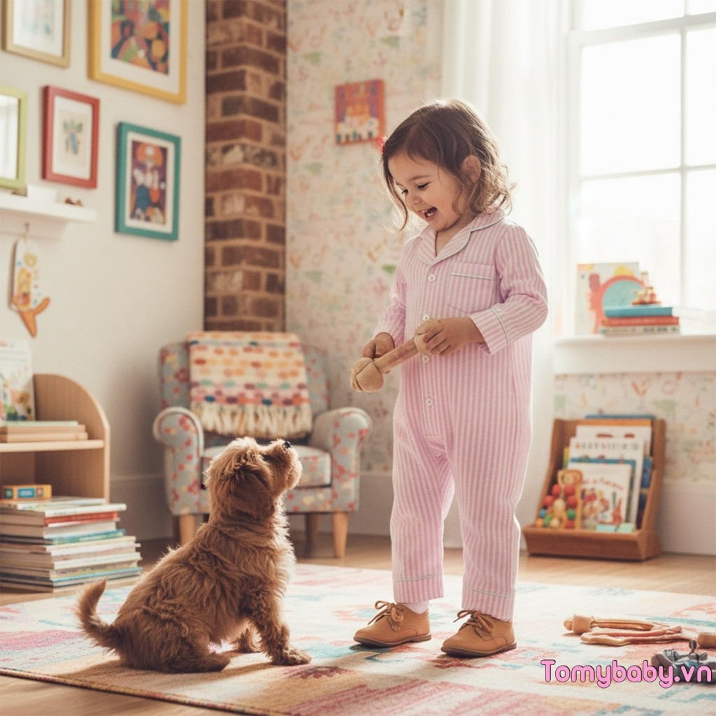 Bộ Đồ Ngủ Mùa Thu In Sọc Cho Bé Gái Bé Trai Dễ Thương Nút Xuống Ve Áo Cổ Chữ V Dài Tay Đồ Ngủ