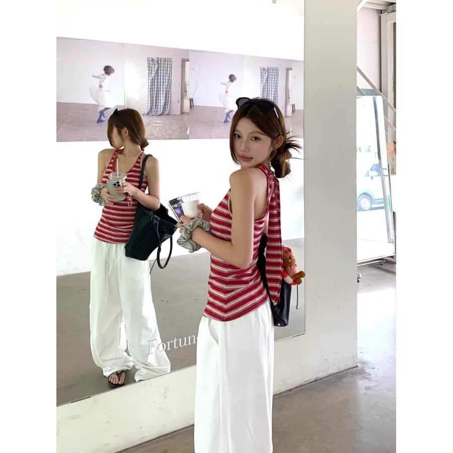 SUXI Áo hai dây sọc đỏ nhẹ nhàng dành cho nữ mùa hè mới 260302