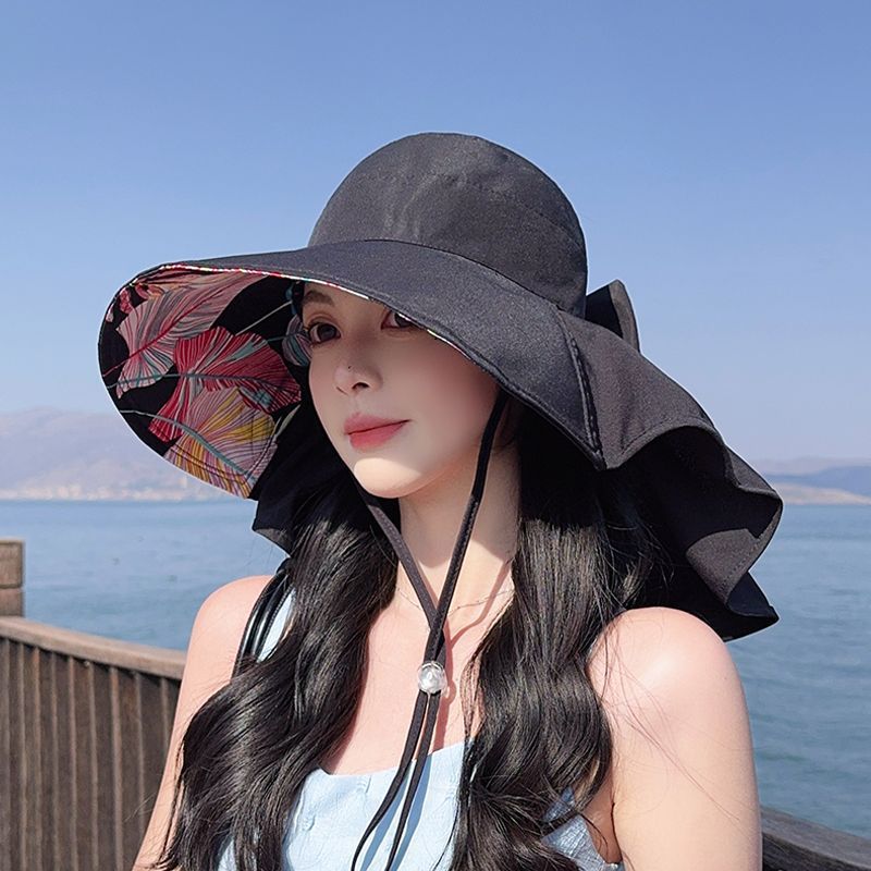 Mũ chống nắng nữ với vành lớn và khăn choàng, thiết kế thời trang có nơ, phù hợp mùa hè