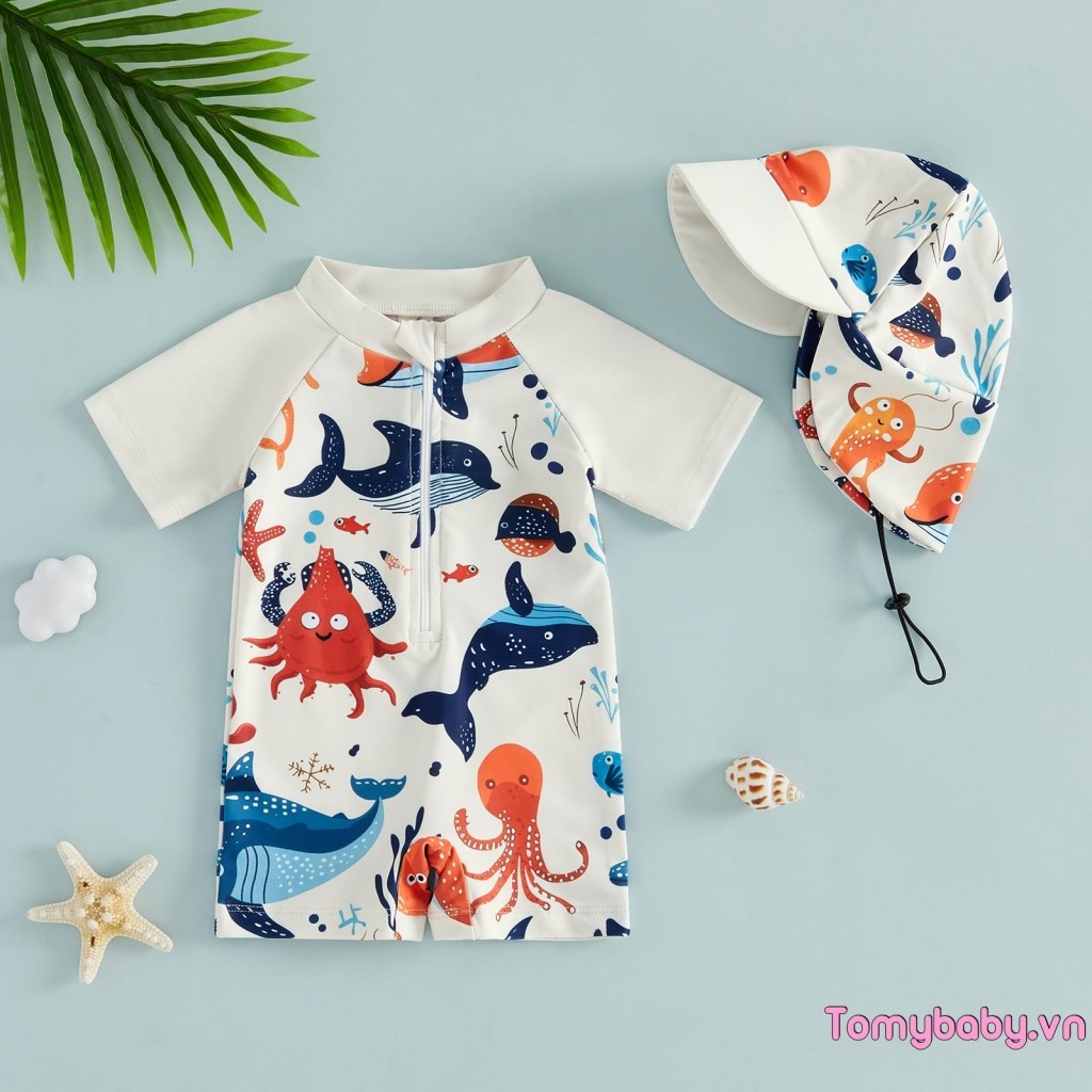 Đồ bơi trẻ em bé trai Rash Guard Cây nhiệt đới / Đồ bơi tay ngắn in hình động vật biển có nắp bơi