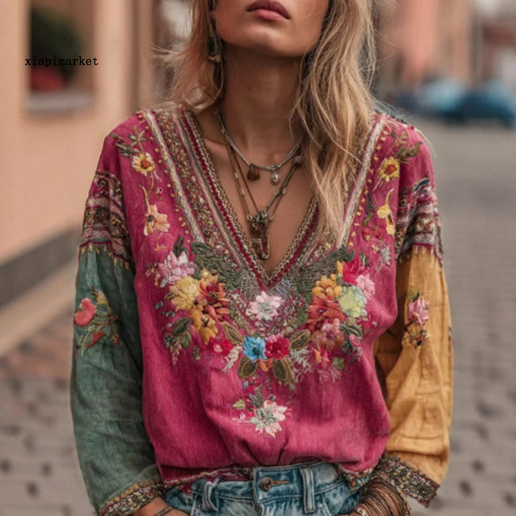 XIA | Áo Phông Chữ A Cổ Chữ V Tay Dài Thêu Hoa Phong Cách Bohemian Dân Tộc