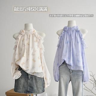 Áo sơ mi voan cổ bướm, dây tháo rời, họa tiết hoa 3D, màu tím ngọt ngào, phù hợp mùa xuân hè