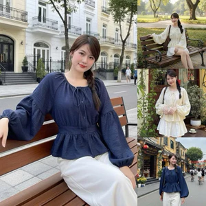 Áo sơ mi nơ cổ tay bồng rộng thân bo ôm eo lưng chun chất vải đũi sang trọng hai màu hot thời trang SMH9766