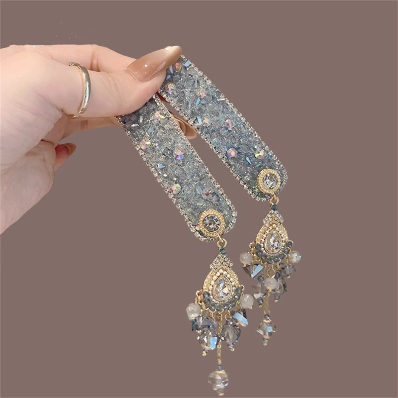 MAUROPOLI Cao Cấp Công Nghiệp Nặng Màu Xanh Full Kim Cương Pha Lê Bên Kẹp Thời Trang Retro Phong Cách Dân Tộc Tua Rua Tóc Kẹp bb Phụ Kiện Tóc Nữ