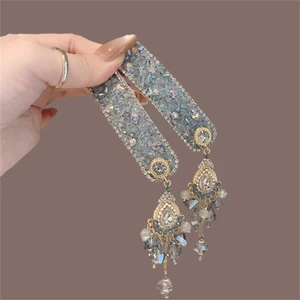 MAUROPOLI Cao Cấp Công Nghiệp Nặng Màu Xanh Full Kim Cương Pha Lê Bên Kẹp Thời Trang Retro Phong Cách Dân Tộc Tua Rua Tóc Kẹp bb Phụ Kiện Tóc Nữ