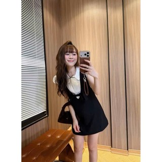 Set váy cổ V tay hến màu đen phối nơ trước mix áo sơ mi trắng cổ sen, Set Đồ Nữ Tiểu Thư Sang Chảnh