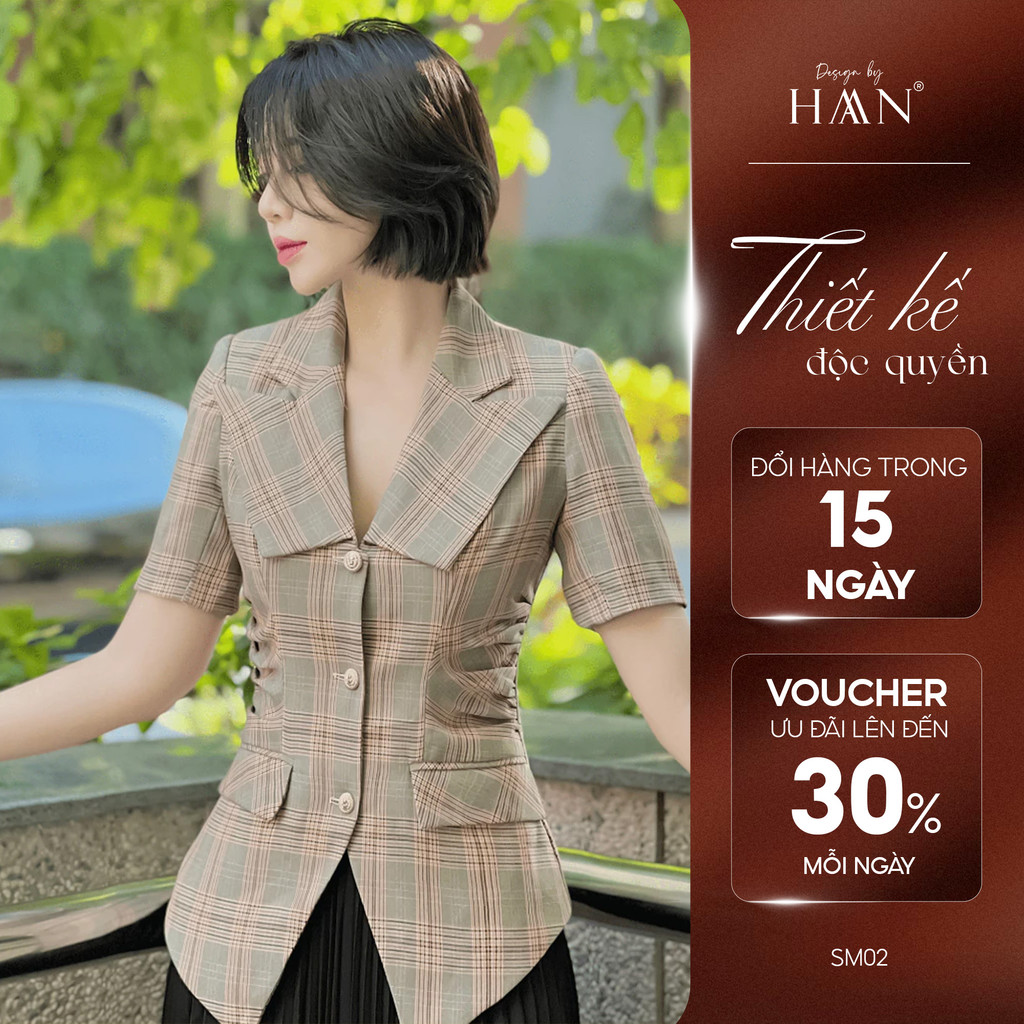 Áo vest ngắn tay nữ HAAN DESIGN chiết eo dáng công sở chất liệu tuyết mưa kẻ 2 màu cam, nâu từ 40-70kg (SM02)
