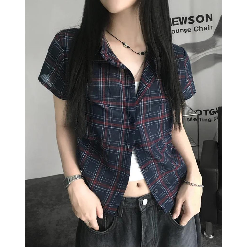 SUXI Áo sơ mi ngắn tay kẻ sọc dây rút cổ điển, phù hợp mùa hè 260324