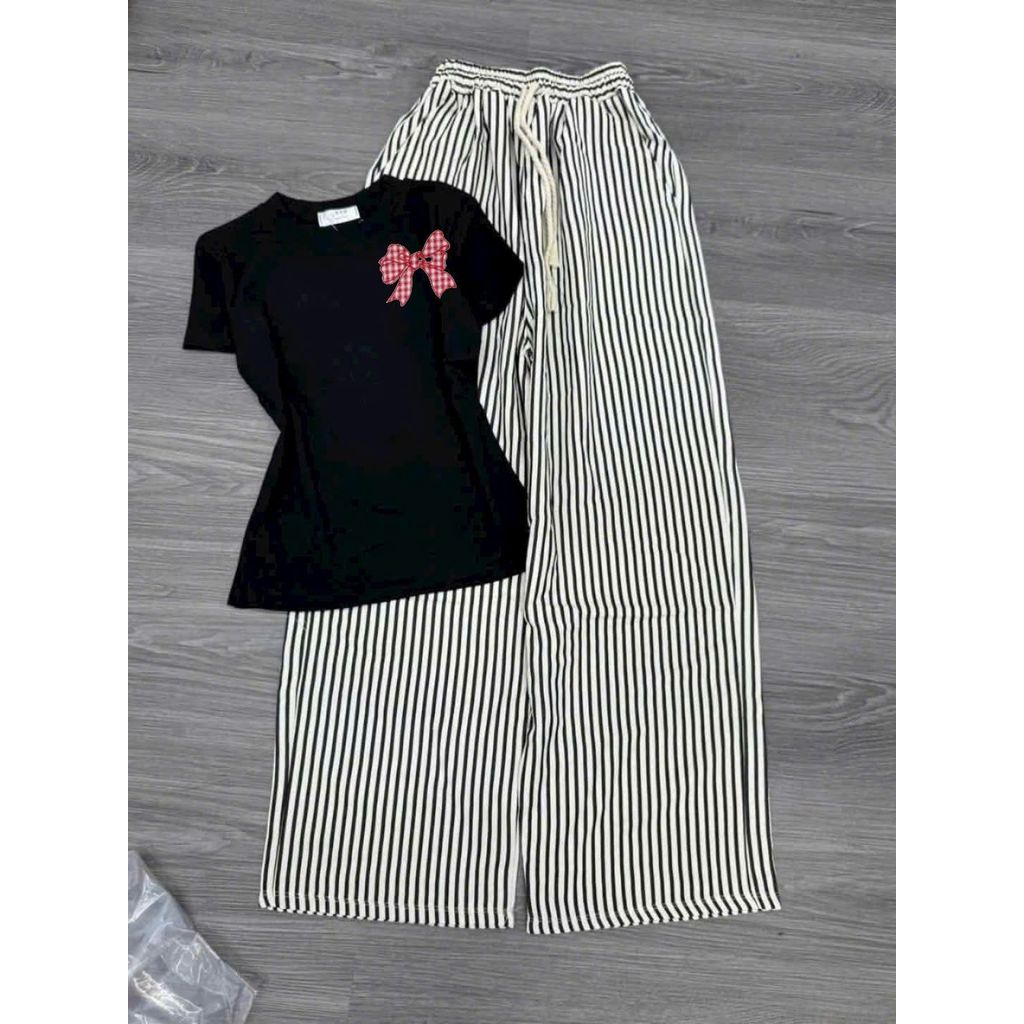sét bộ quần dài kẻ vằn đũi xốp siêu xinh+mix áo Croptop hình nơ caro đỏ in ng ự c chất tăm-chang3158
