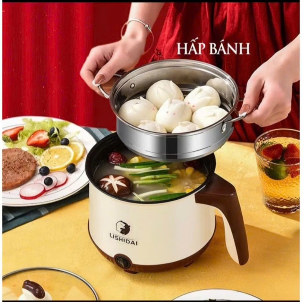 Nồi Điện Mini LISHIDAI 2 Tầng Đa Năng Tặng Kèm Khay Hấp INOX ( Chiên, Xào, Nấu ăn, nấu cơm, nấu lẩu mini ) siêu tiện lợi