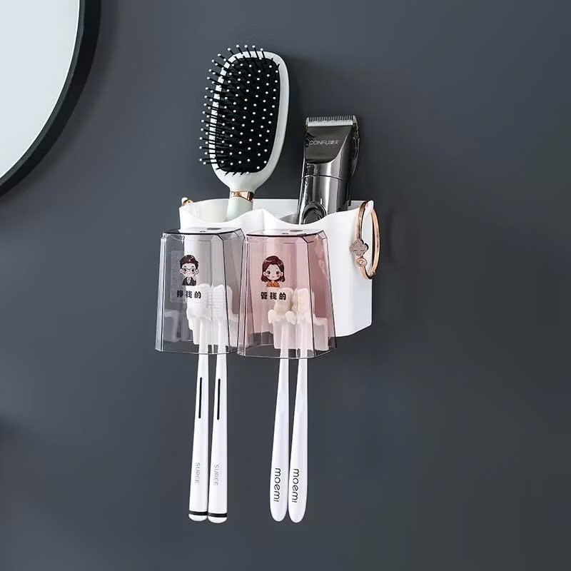 Bộ Nhả Kem Đánh Răng Tự Động- 4 cốc, Kệ Để Bàn Chải Kem Đánh Răng, Kệ để đồ phòng tắm đa năng lắp đặt dính tường kèm cốc