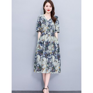 Váy cotton-linen cài nút phong cách retro dành cho nữ, kiểu dáng mùa hè mới, ôm eo, tôn dáng, váy chữ A in họa tiết