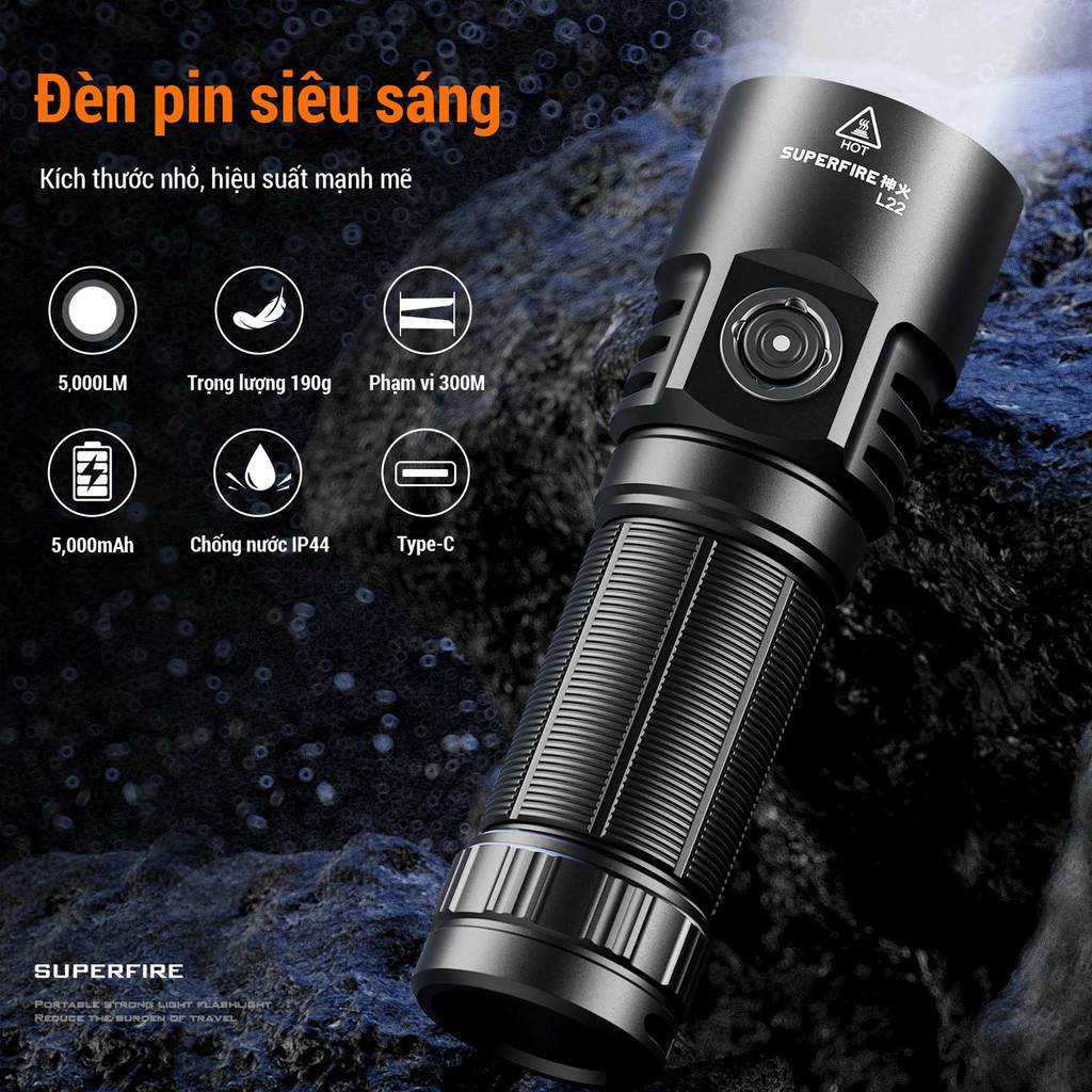 Đèn Pin Siêu Sáng SUPERFIRE L22 60W Siêu sáng 5000 Lumen Đèn pin Power ...