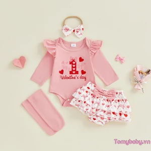 Trang phục ngày lễ tình nhân cho bé gái Áo liền quần dài tay in hình trái tim + Ruffle Skort + Băng đô + Bộ vớ