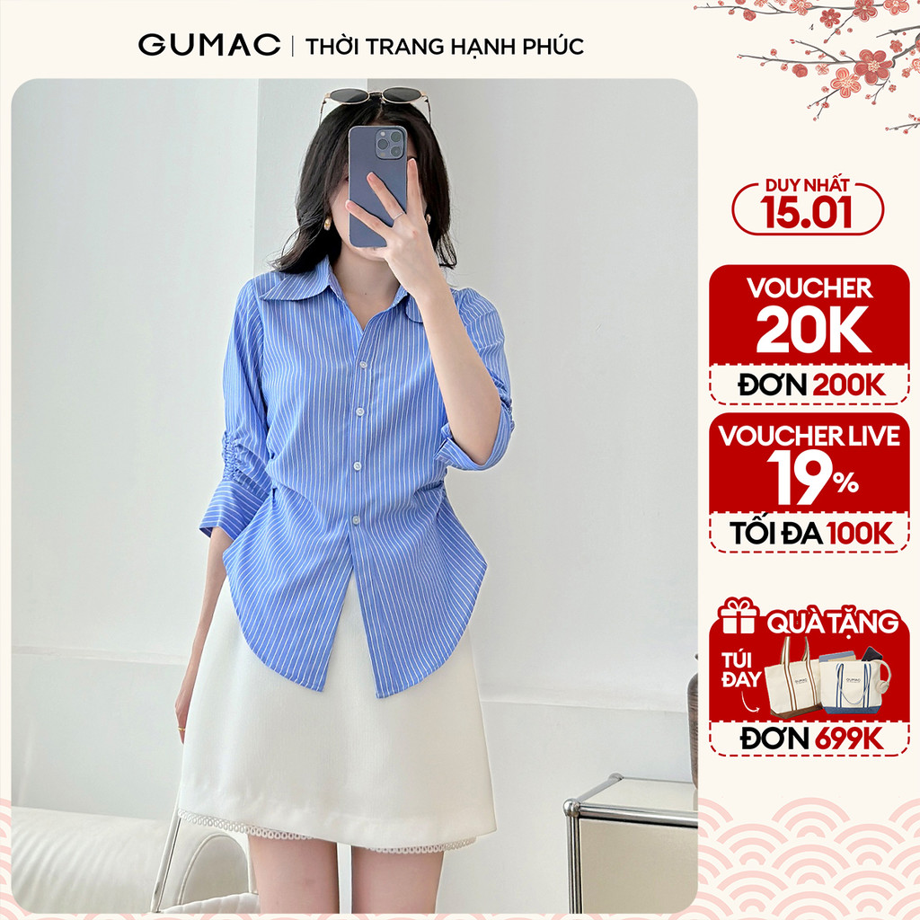 Áo sơ mi nữ GUMAC tay lửng có nhún chiết ly eo xanh sọc vải kate đứng form  AF01024