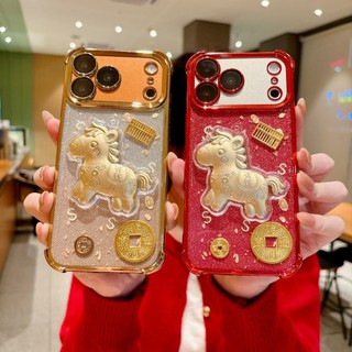 Có Tiền 3D Vàng Ngựa Bảo Vệ Ống Kính Phim Lấp Lánh Mạ Điện Thoại Cho iPhone 17Promax 17Pro 12 13 14 15 16 Pro Max 11 Silicon Mềm Wrsit Chain Vỏ Di Động