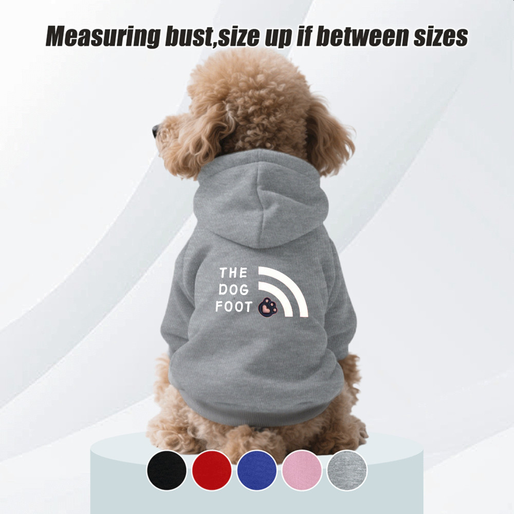 Size S-2XL: Áo nỉ thú cưng có mũ trùm đầu in hình chân chó và văn bản in hình mặt lông. Có sẵn 5 màu. Mềm mại, thoáng khí, có thể giặt được, phù hợp cho tất cả các giống chó nhỏ.