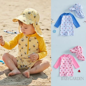 Đồ bơi bảo vệ phát ban cho bé gái có mũ Ong / Dưa hấu / Thuyền buồm In sọc Zip Up Đồ bơi dài tay