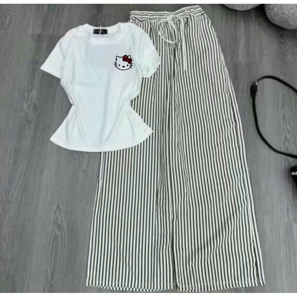 Sét bộ quần ngựa vằn dáng dài + phối áo croptop trơn tăm ngắn- in mèo kít ty ở nggực