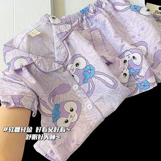 Bộ đồ ngủ cotton mây cho bé – Áo ngắn tay cài nút + quần short, họa tiết Kuromi dễ thương