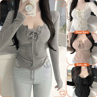Áo thun nữ tay dài form body cổ tròn ngắn eo có dây rút ngực kiểu chun pure aesthetic Closet Diary