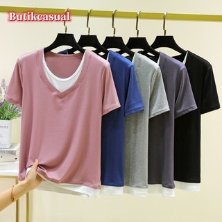 Áo thun cotton nữ mùa hè giả hai mảnh áo thun tay ngắn mới ren mỏng đáy áo sơ mi đa năng mỏng hàng đầu