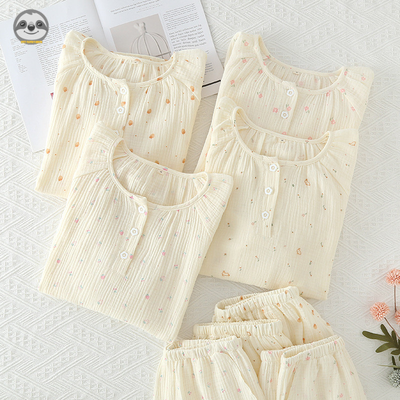 Phong cách đơn giản Nhật Bản / Bộ đồ quần dài tay cổ tròn bằng sợi cotton Seersucker dành cho nữ / Bộ đồ ngủ dài tay bằng vải cotton nguyên chất / Cotton nguyên chất B