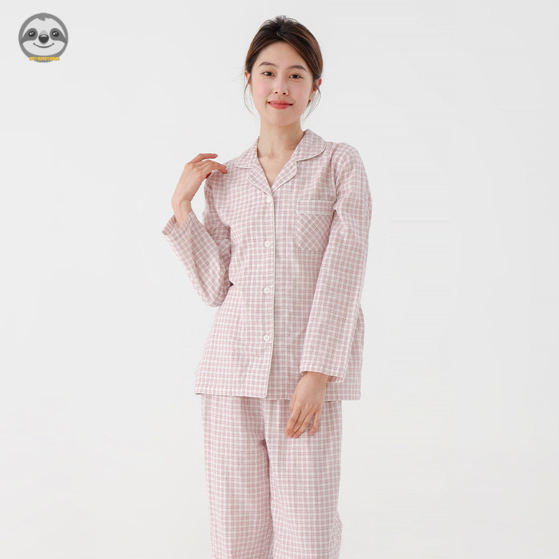 Phong cách Nhật Bản Muji Style / Cặp đôi nhỏ kẻ sọc Cotton nguyên chất dài tay / Bộ đồ ngủ bằng sợi hai lớp có ve áo / Bộ đồ ngủ đi chơi mềm mại thoải mái / Trang phục cặp đôi