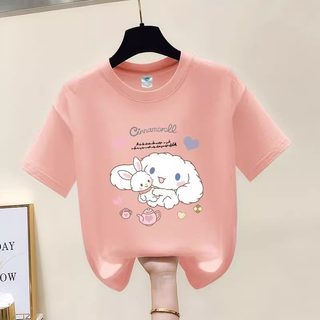 Áo thun cổ tròn in hình hoạt hình chú chó quế dễ thương dành cho bé gái, kiểu dáng giản dị, đa năng và thoải mái.